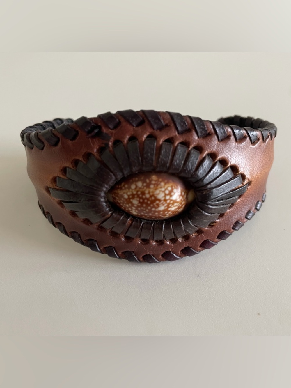 Handcrafted Artisan Leather Cuff with Cowrie Shell Inlay